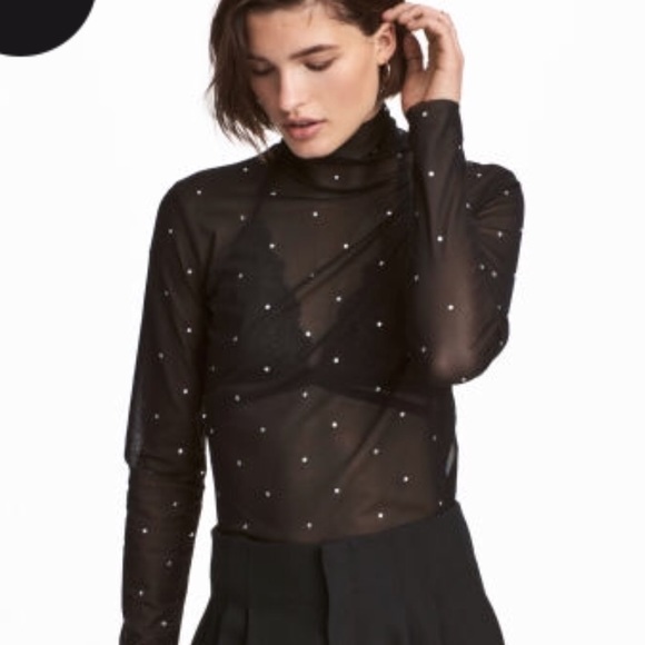 Hm Black Mesh Rhinestone Turtleneck Top 